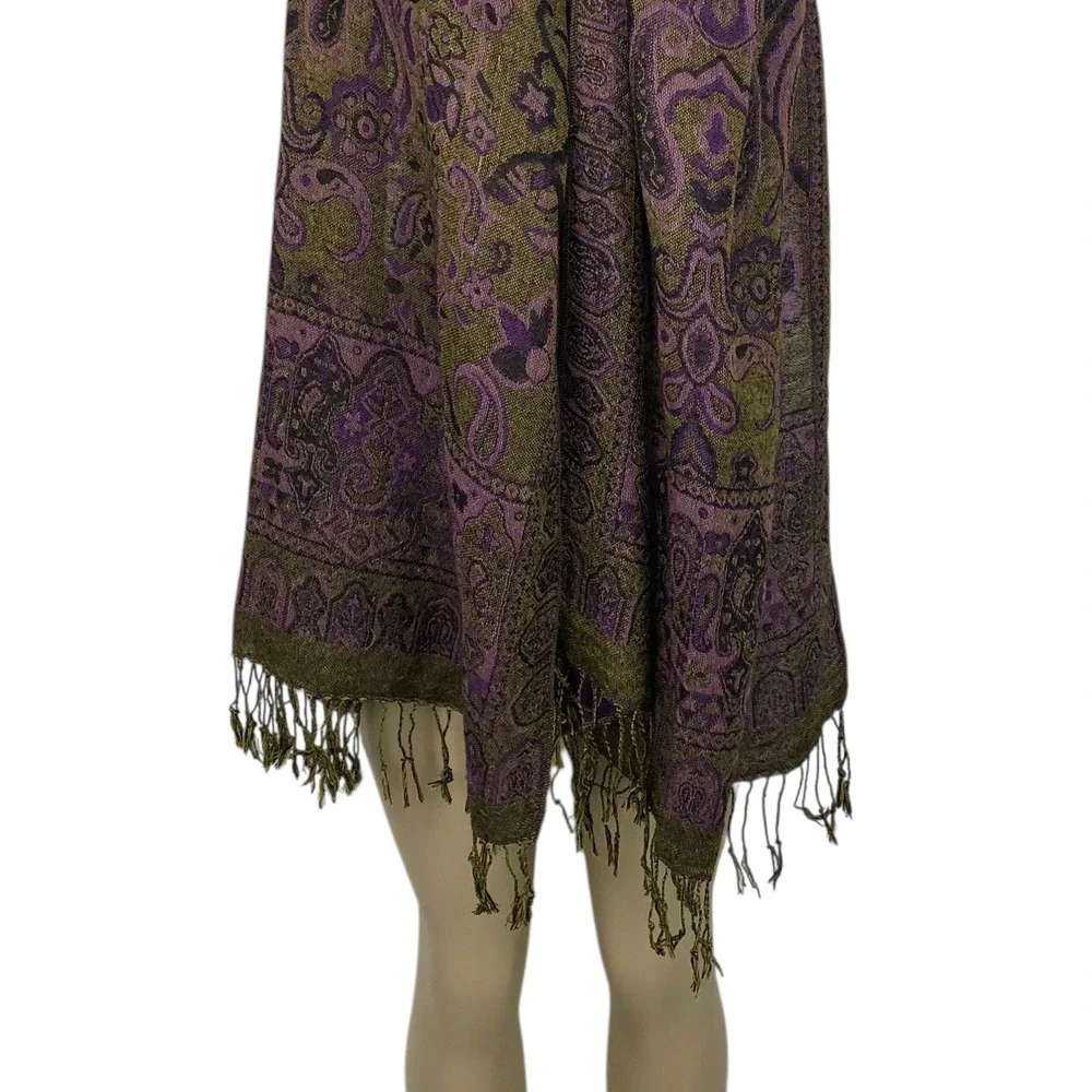 Reversible Boho Purple Paisley Print Pashmina Scarf Fringe Rave Festival Wrap